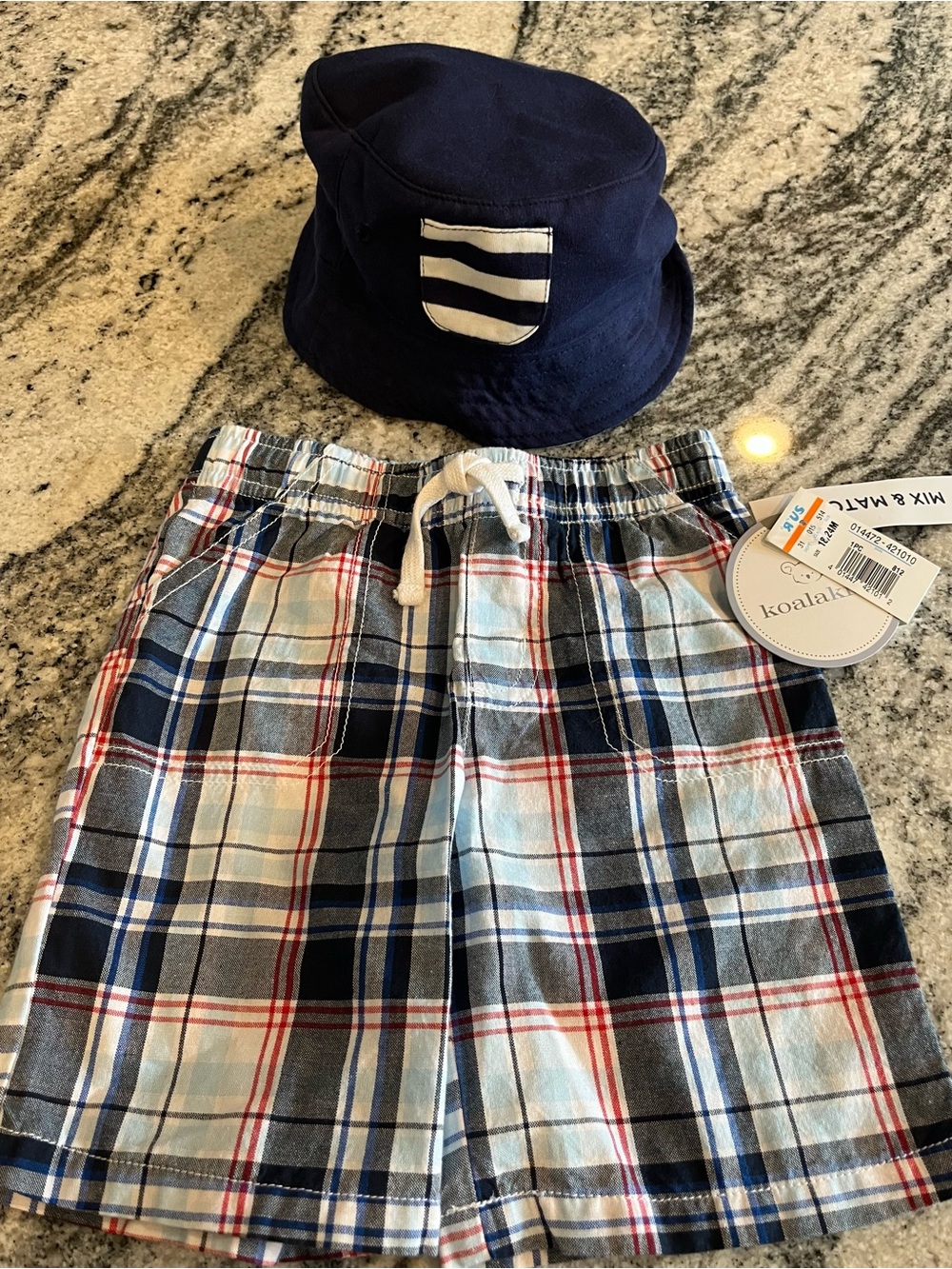 Koala Kids Navy Hat with Blue, Light Blue & Red Plaid Shorts